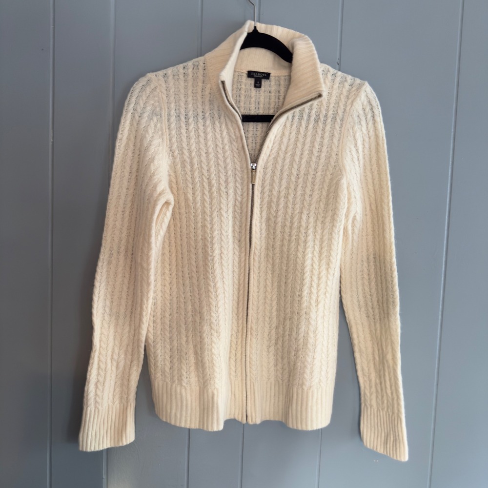 Talbots lambswool angora zip cardigan sweater S‎ cream cable knit elbow patches
